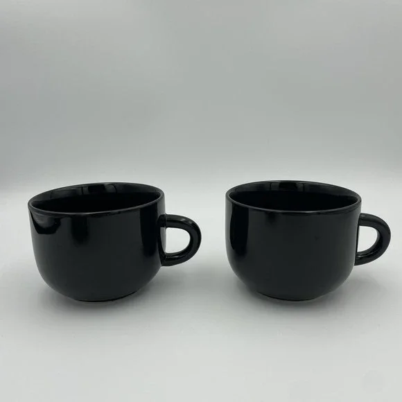 Vintage Newcor Stoneware 8oz Glossy Black Coffee/Tea Mugs Set Of 2, Thailand - Picture 2 of 13